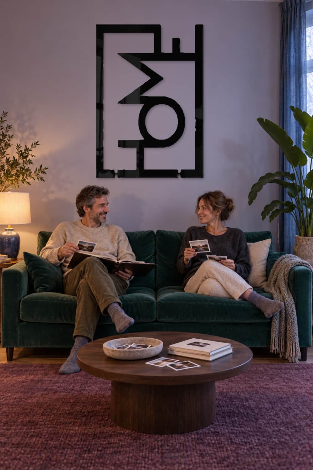 Home, cuadro negro en salón lavanda con pareja compartiendo fotografías