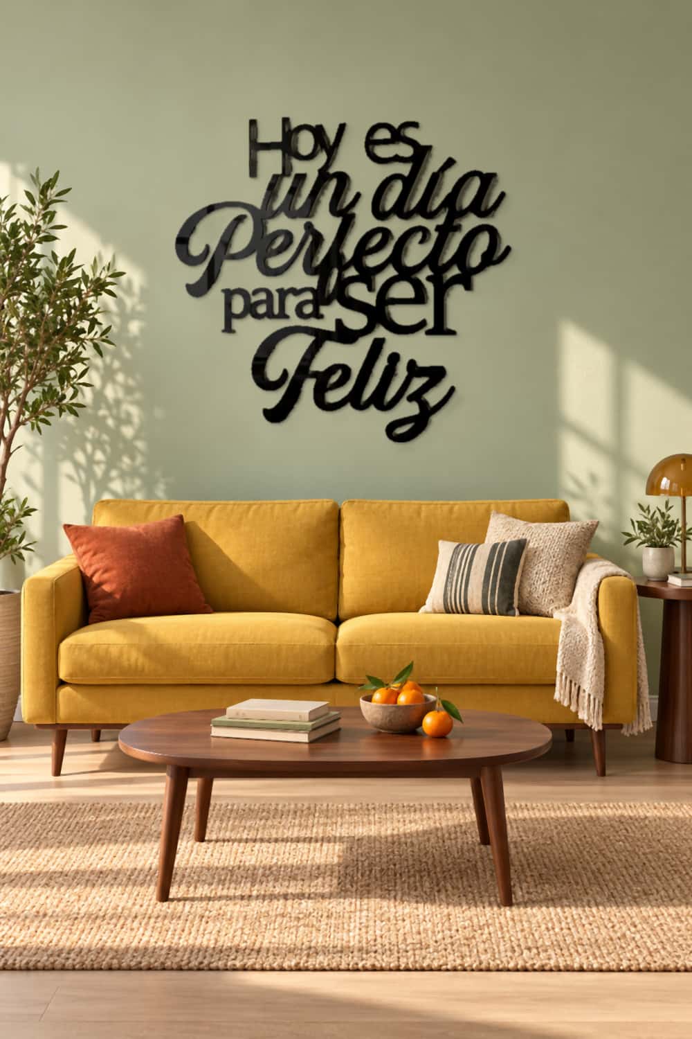 Hoy es un día perfecto para ser feliz · salón con sofá mostaza y nogal