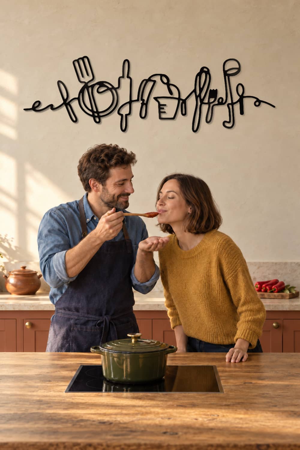Cuadro Kitchen de aluminio negro sobre una pareja que prueba la salsa en su cocina de La Rioja