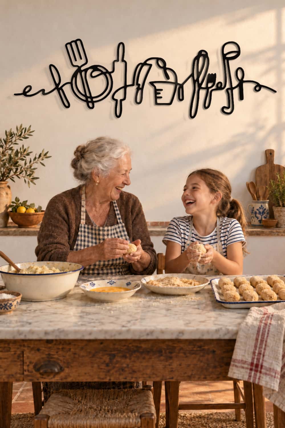 Cuadro Kitchen de metal sobre la mesa donde una abuela y su nieta hacen croquetas en un cortijo