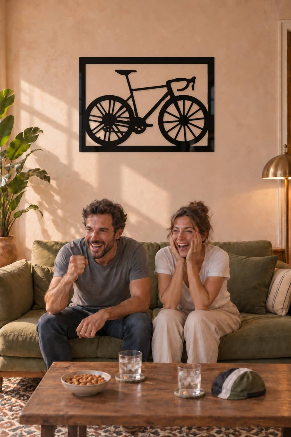 La Flaca, cuadro de bicicleta en metal negro, sobre el sofá de un salón cordobés mientras ven la Vuelta
