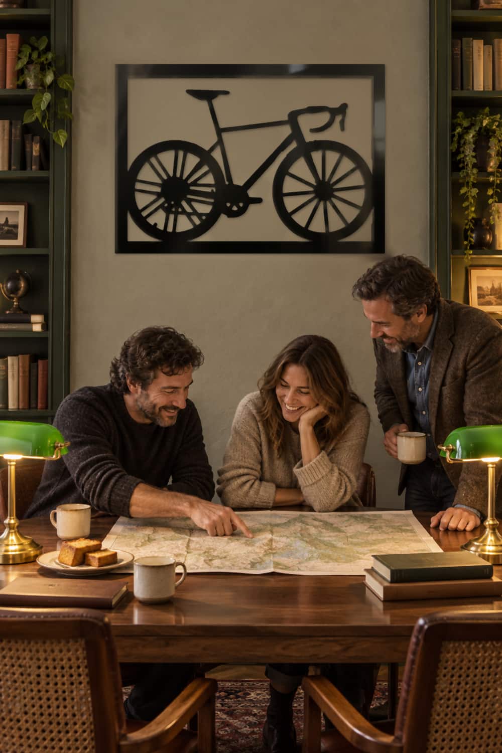 Cuadro La Flaca en metal negro sobre la mesa donde tres amigos preparan una ruta en bici con un mapa