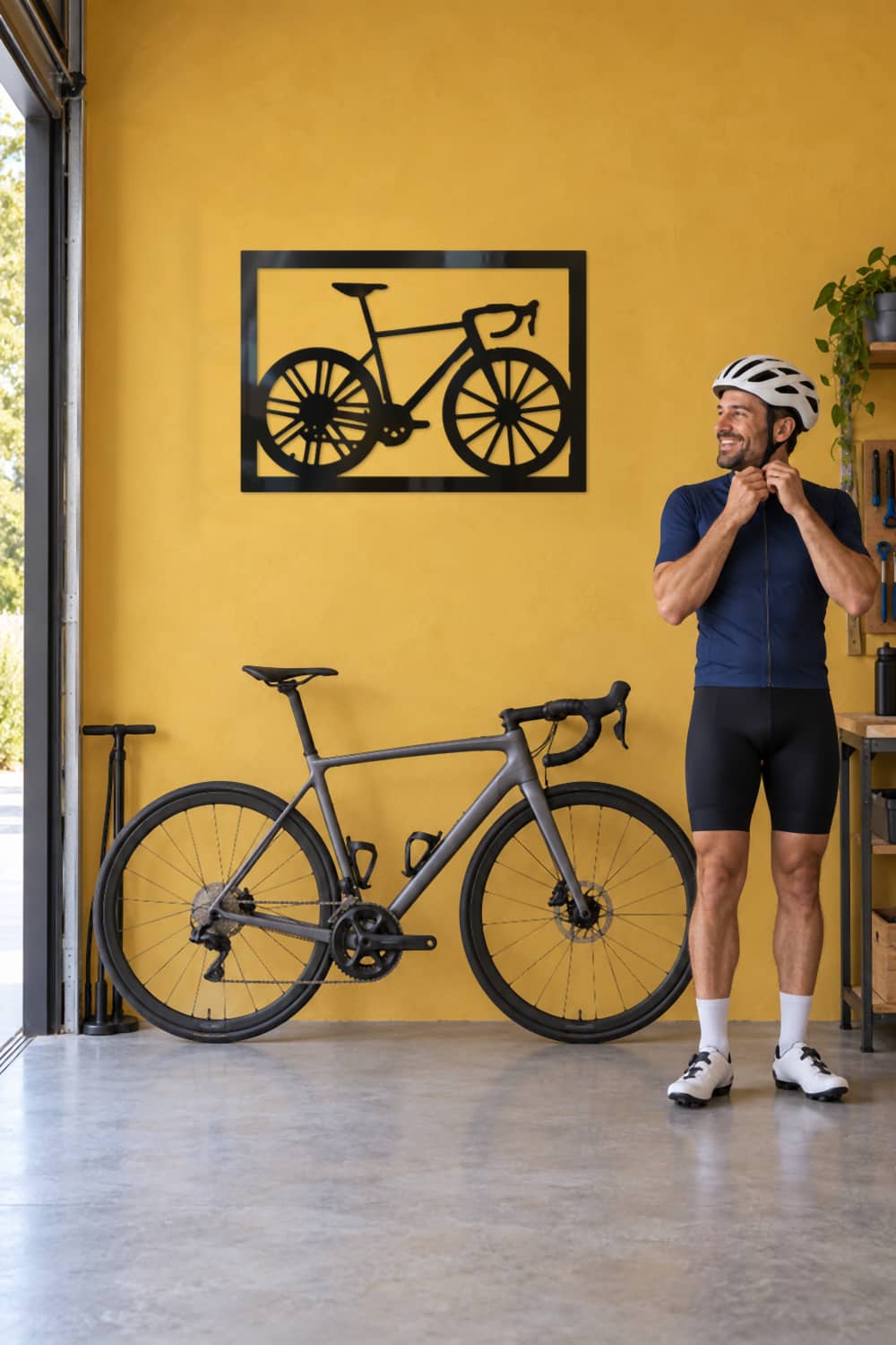 La Flaca, cuadro de bici de carretera en aluminio negro, en un garaje amarillo con un ciclista y su bici