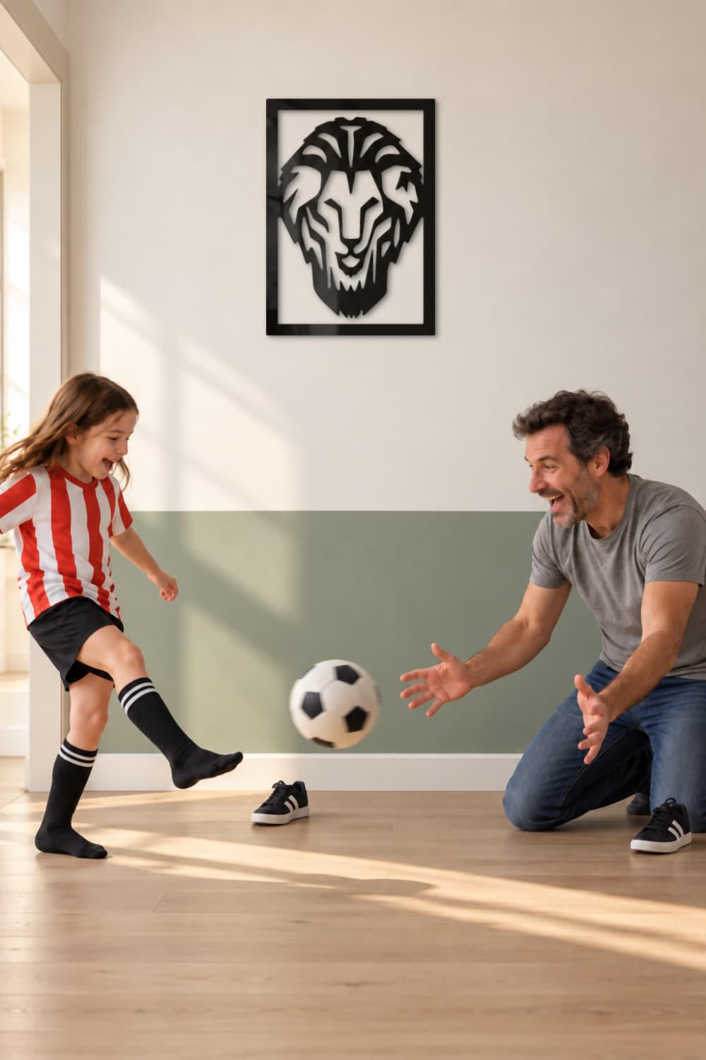 Leon Athletic en un pasillo salvia con padre e hija jugando al fútbol