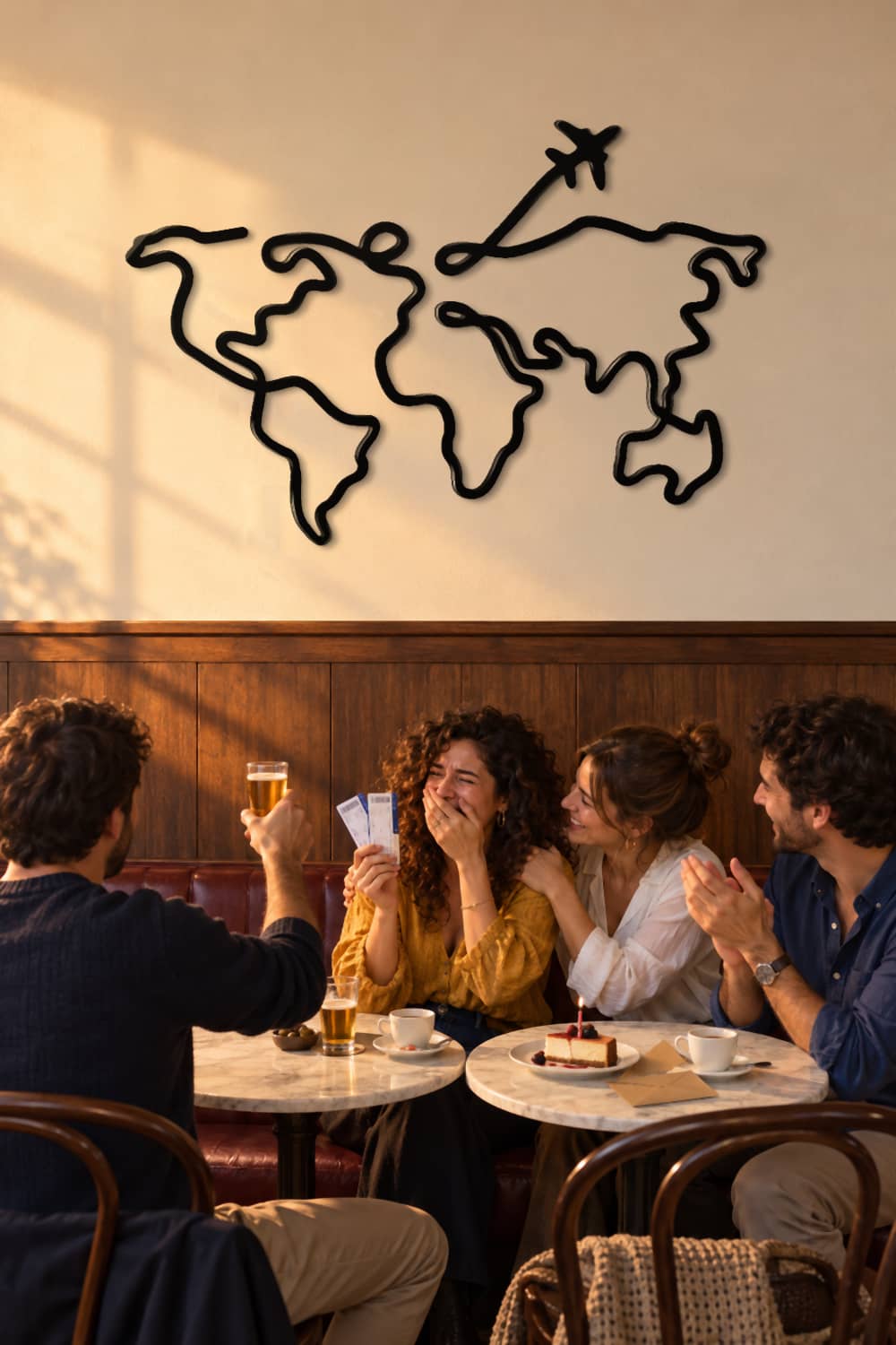 Line art mapamundi en un café-bar: amigos celebran un viaje sorpresa