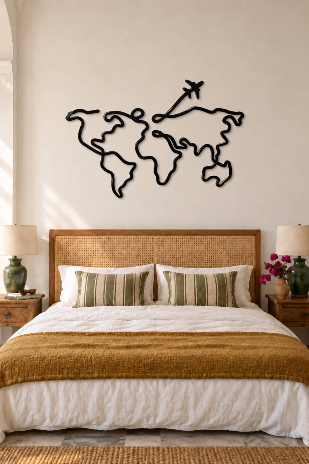 Line art mapamundi sobre cabecero de rejilla en un dormitorio de hotel con luz natural