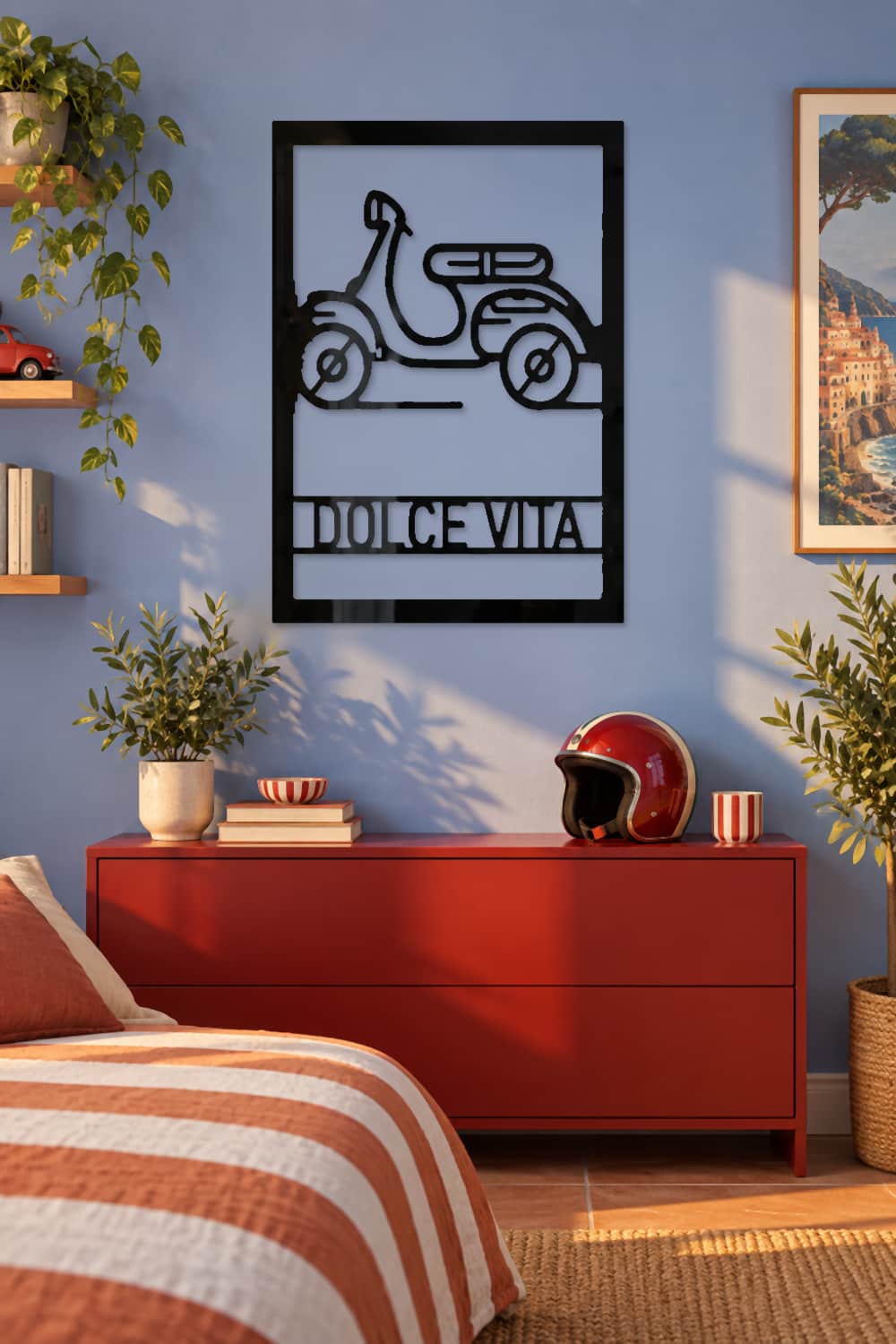 Love Vespa Y La Dolce Vita: dormitorio juvenil azul con cómoda roja