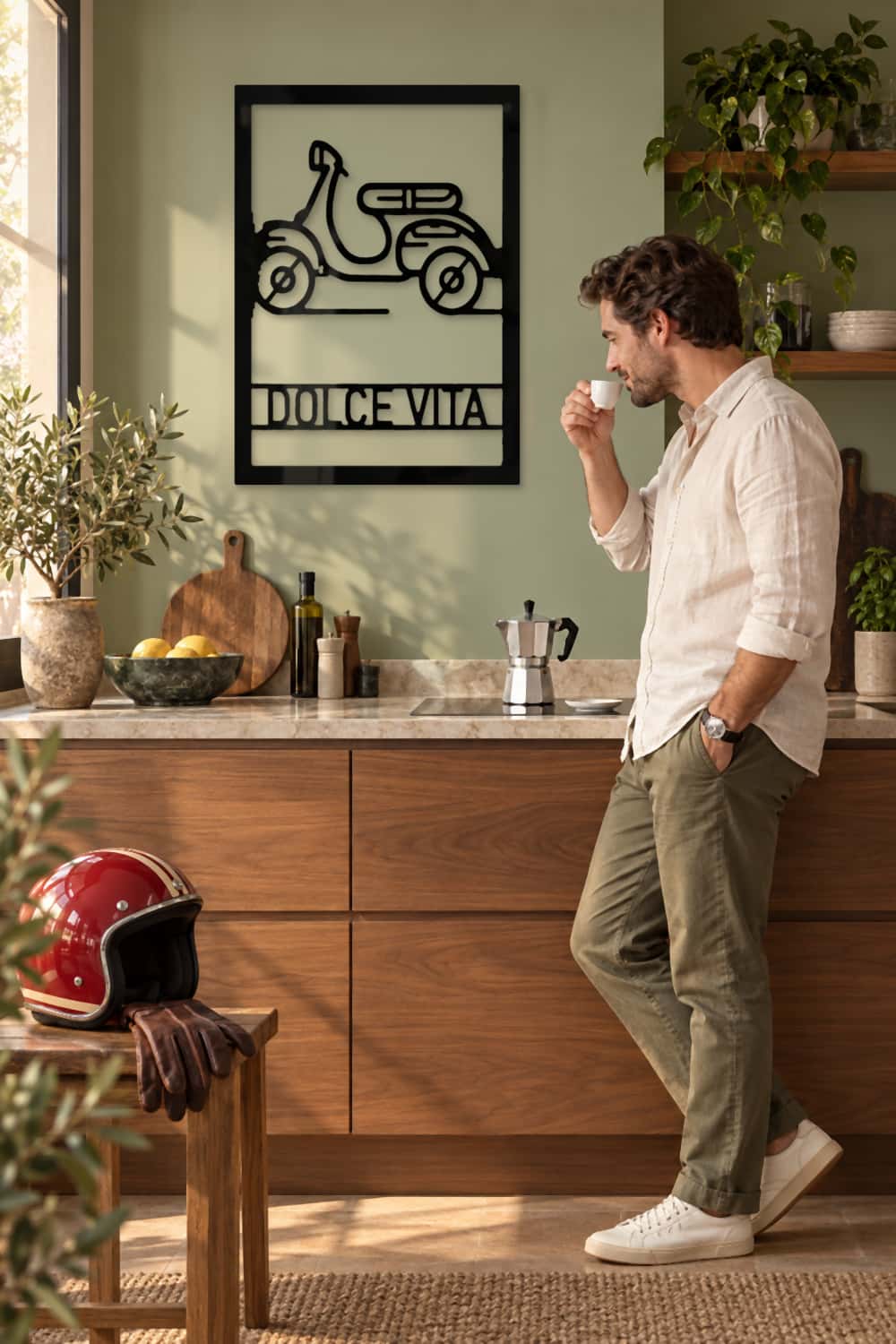 Love Vespa Y La Dolce Vita: espresso en cocina italiana con casco retro