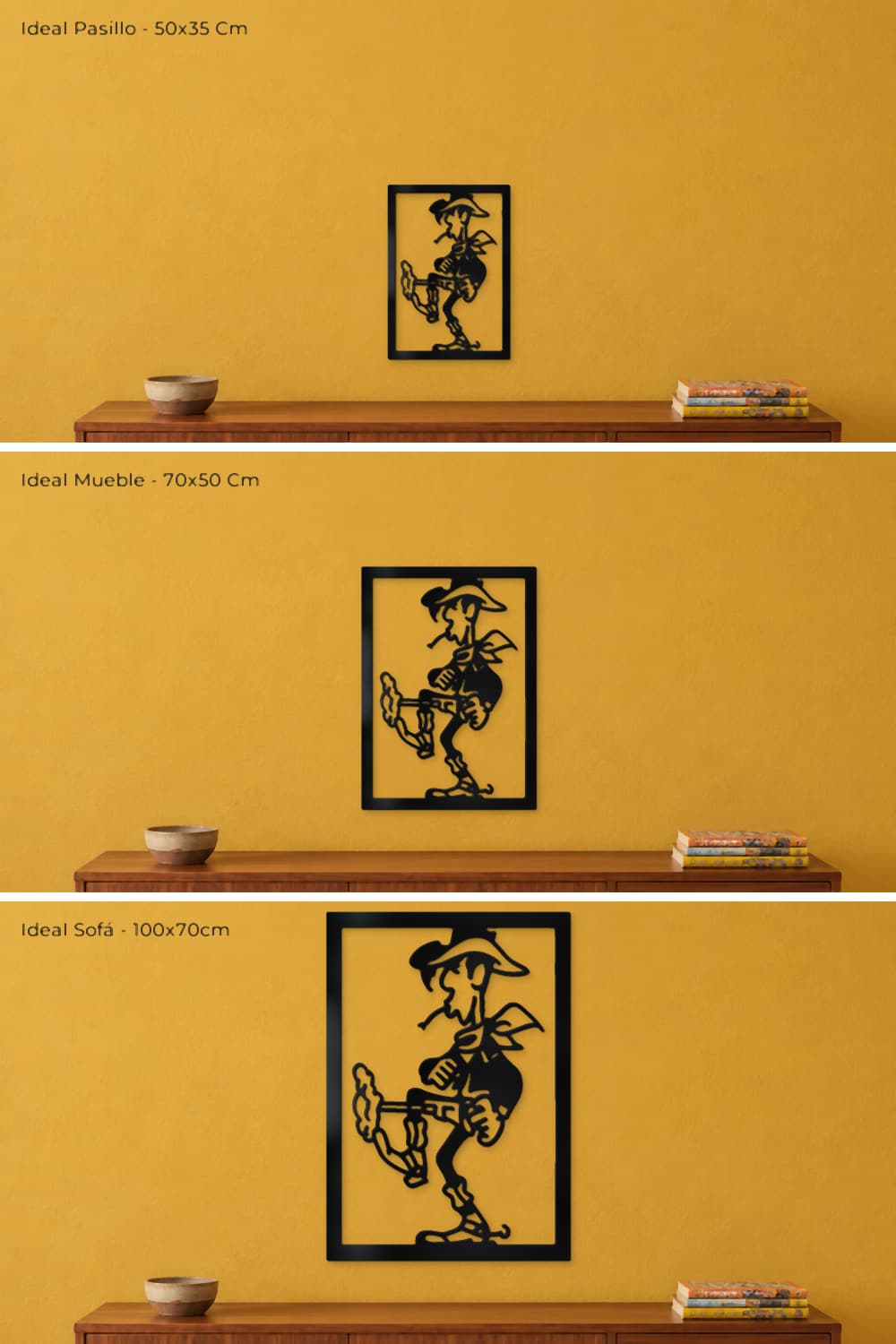 Lucky Luck, comparativa de tres medidas del cuadro de metal sobre la misma pared.