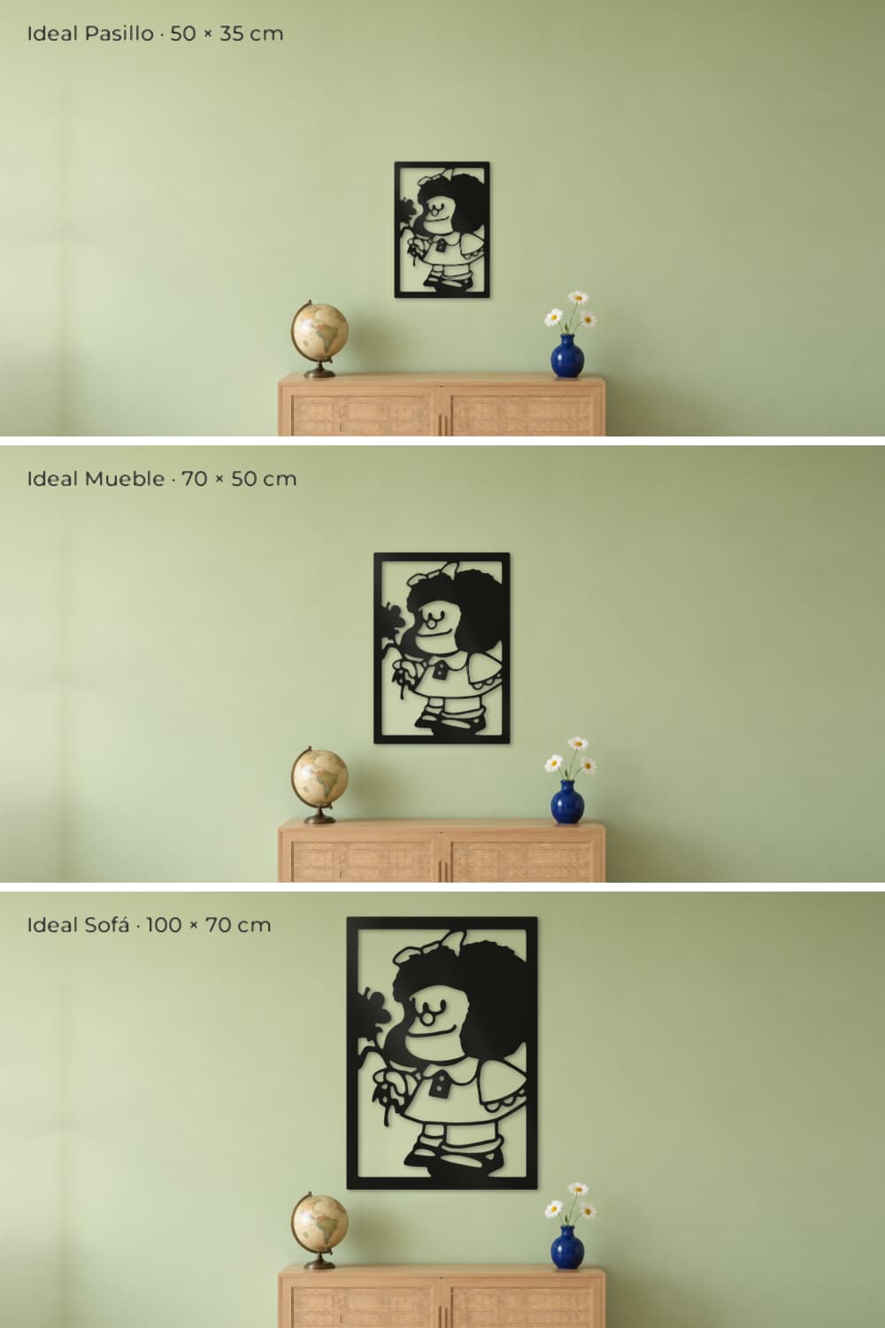 Medidas del cuadro Mafalda: 50x35, 70x50 y 100x70 cm sobre el mismo aparador