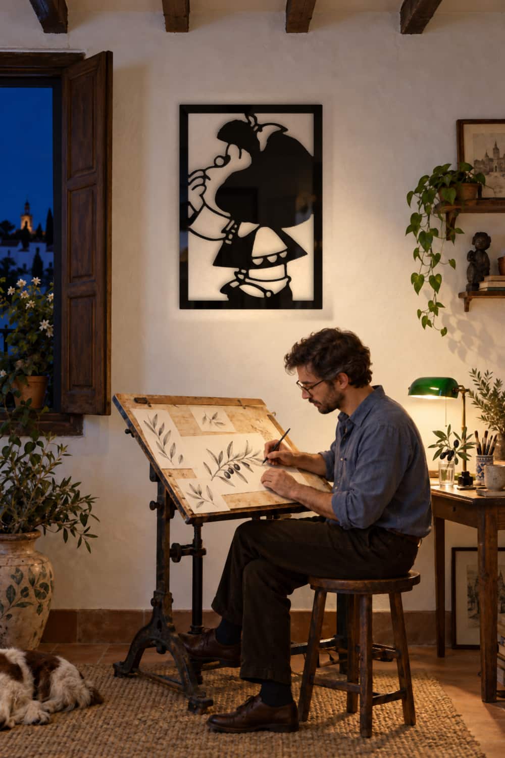 Mafalda Pensativa en un estudio con un dibujante y luz nocturna