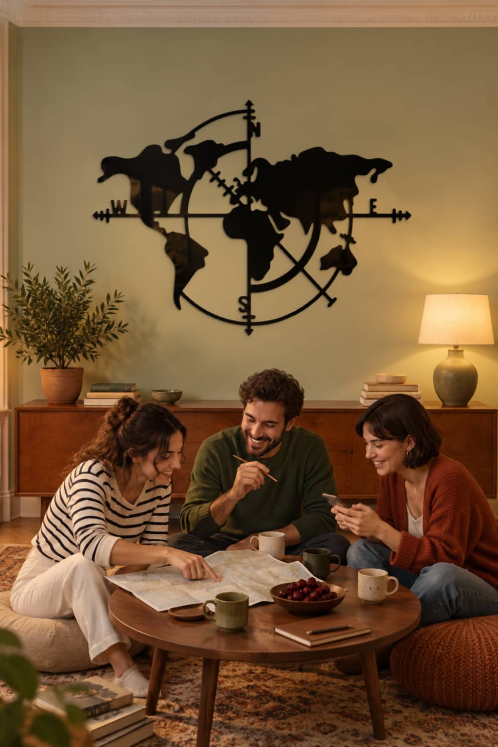 Mapa de los Vientos en metal negro sobre aparador: amigos planean un viaje con un mapa de papel