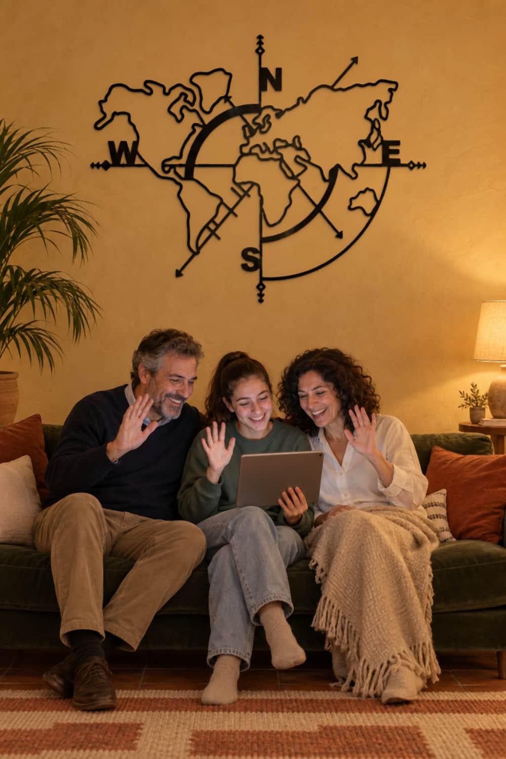 Cuadro Mapa Mundi de metal sobre el sofá: una familia saluda en videollamada en un salón color albero
