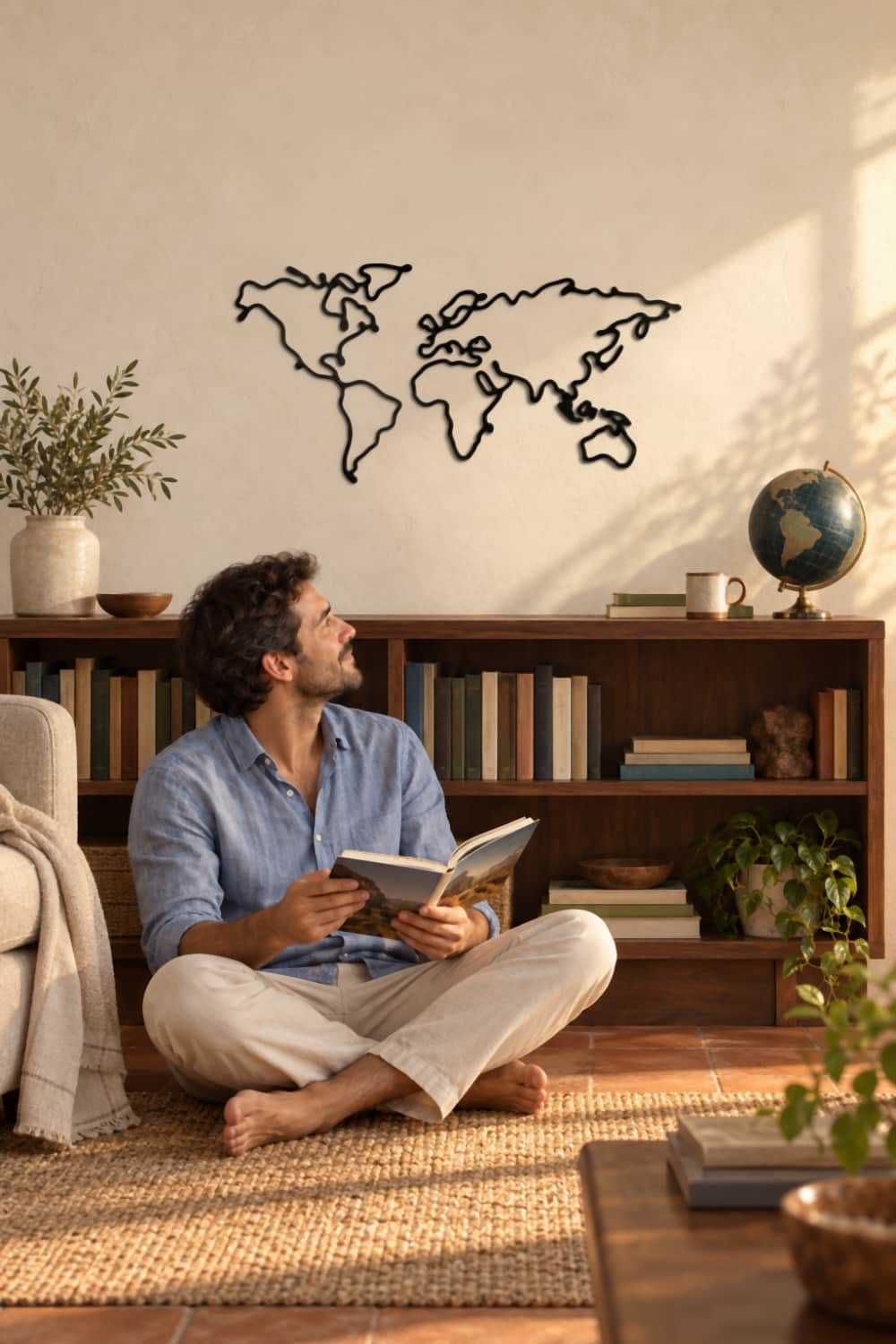 Mapa Slim de 100 cm sobre una librería baja; un hombre sentado en el suelo lo mira con un libro de viajes