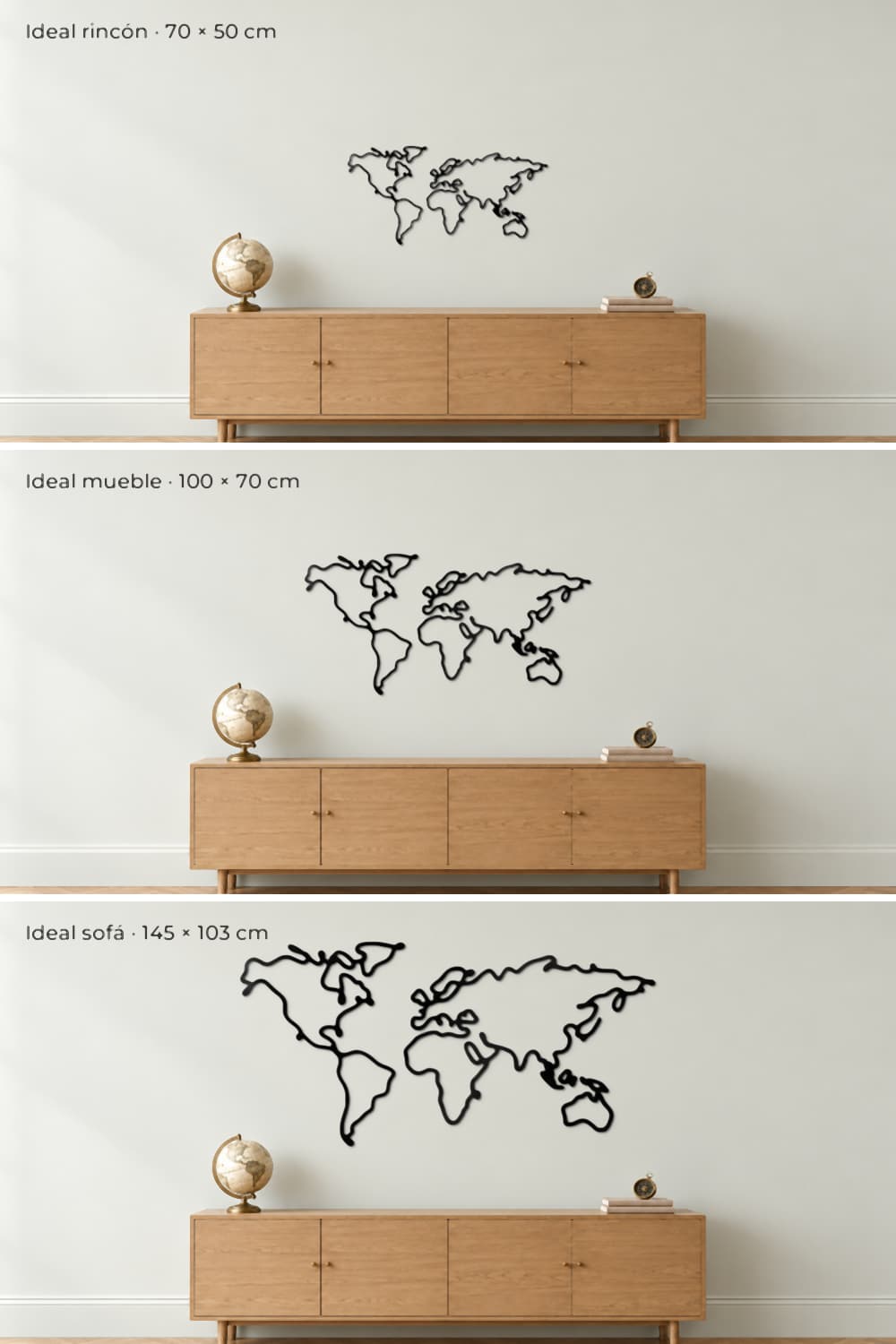 Medidas del Mapa Slim: 70 × 50, 100 × 70 y 145 × 103 cm sobre el mismo aparador de roble