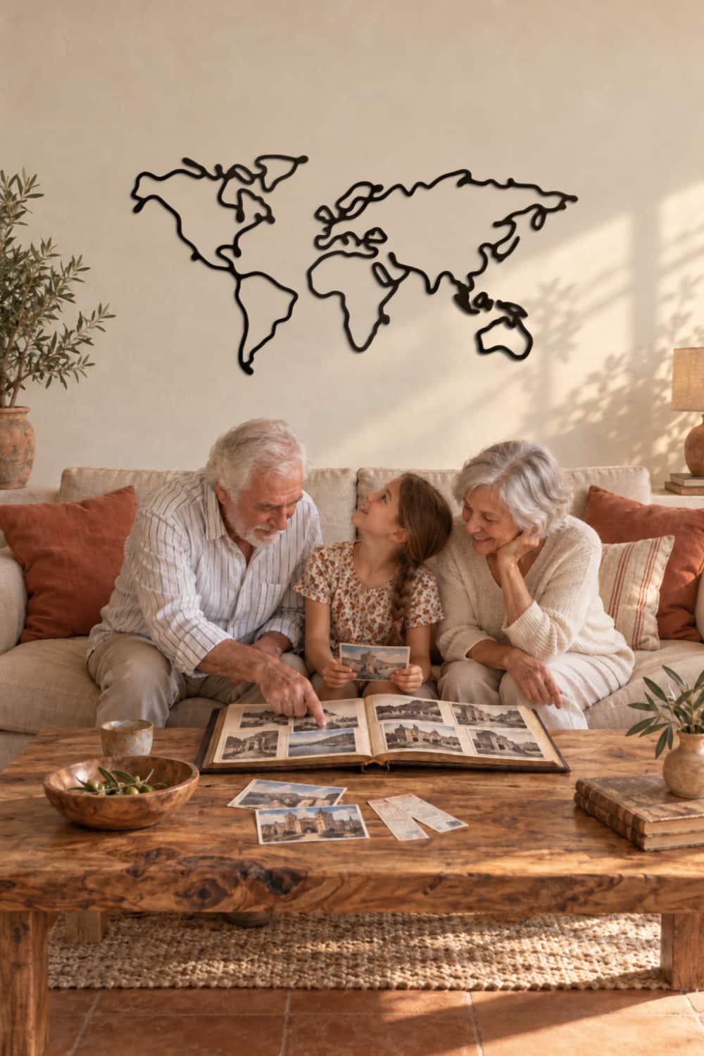 Mapa Slim sobre el sofá: unos abuelos y su nieta miran un álbum de fotos de viajes