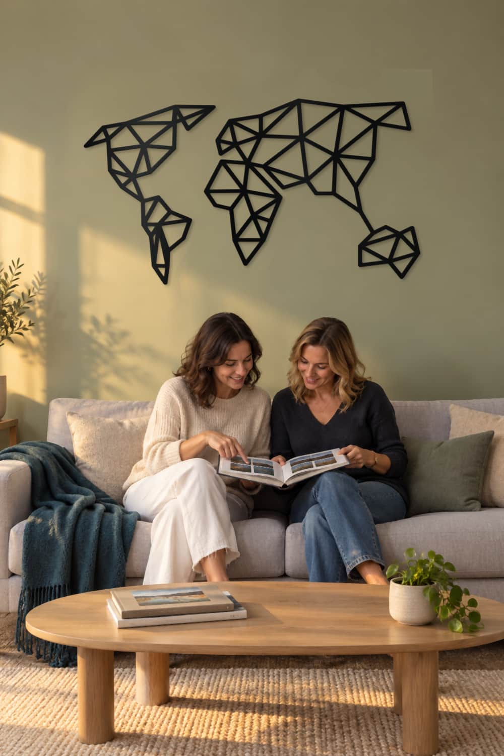 Mapa Trazado en salón salvia con dos amigas compartiendo recuerdos de viaje