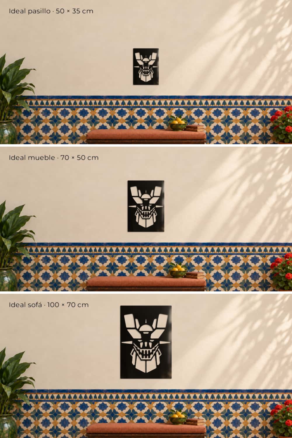 Medidas del cuadro Mazinger Z: 50x35, 70x50 y 100x70 cm comparadas en la misma pared