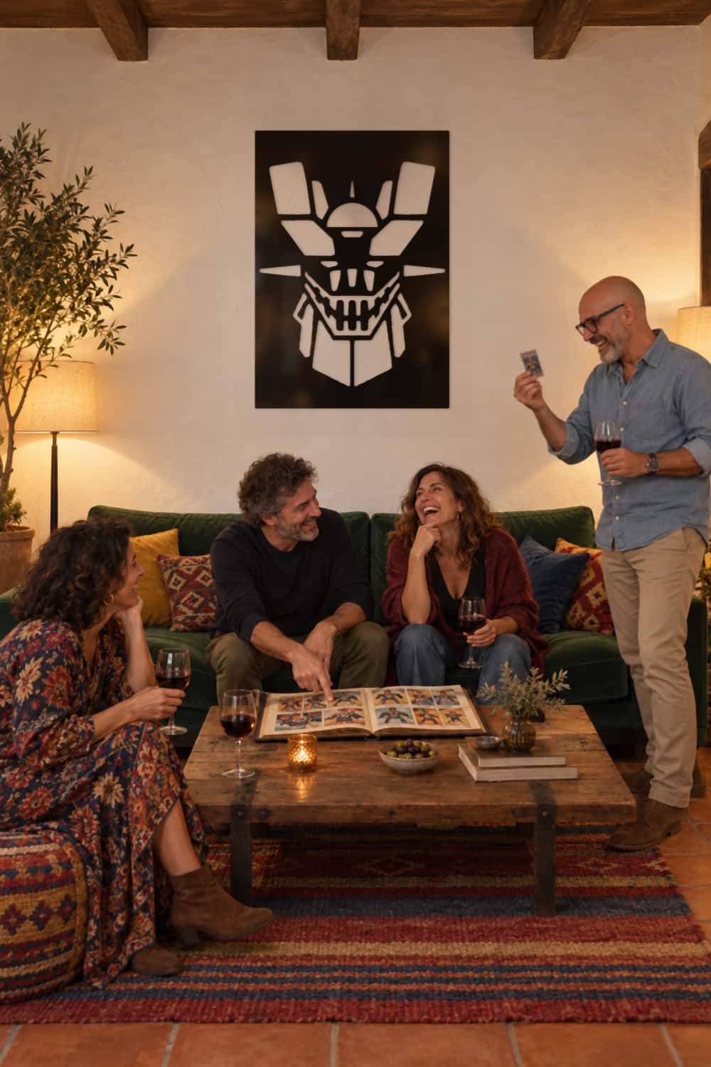 Cuadro Mazinger Z sobre sofá verde: amigos repasan un álbum de cromos con vino por la noche