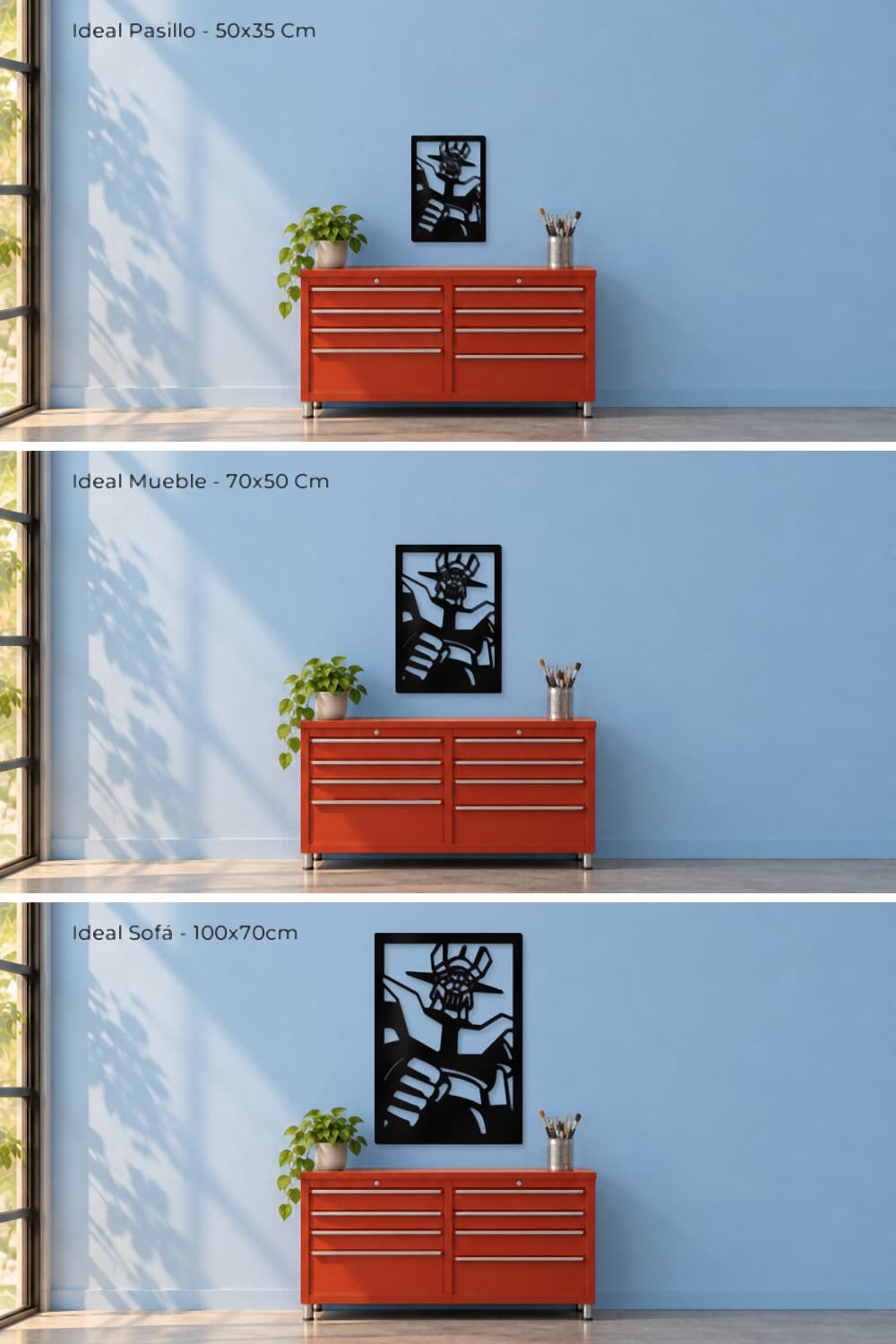 Mazinger Z: comparativa de las tres medidas en la misma pared del taller.