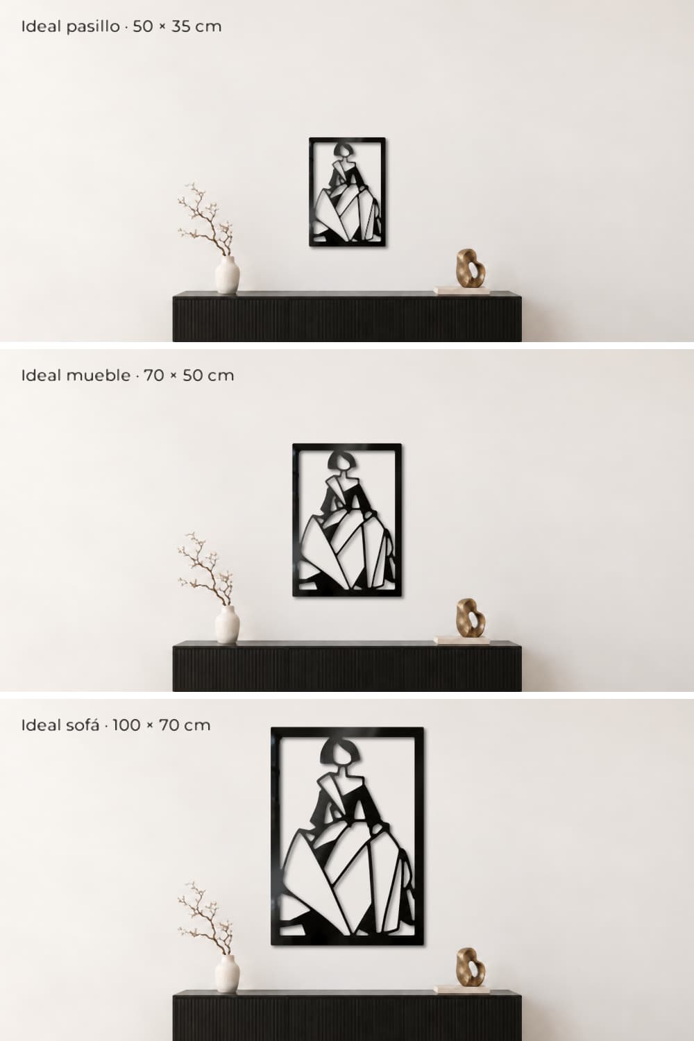 Medidas del cuadro Menina Quebrada: 50x35, 70x50 y 100x70 cm comparadas sobre un aparador negro