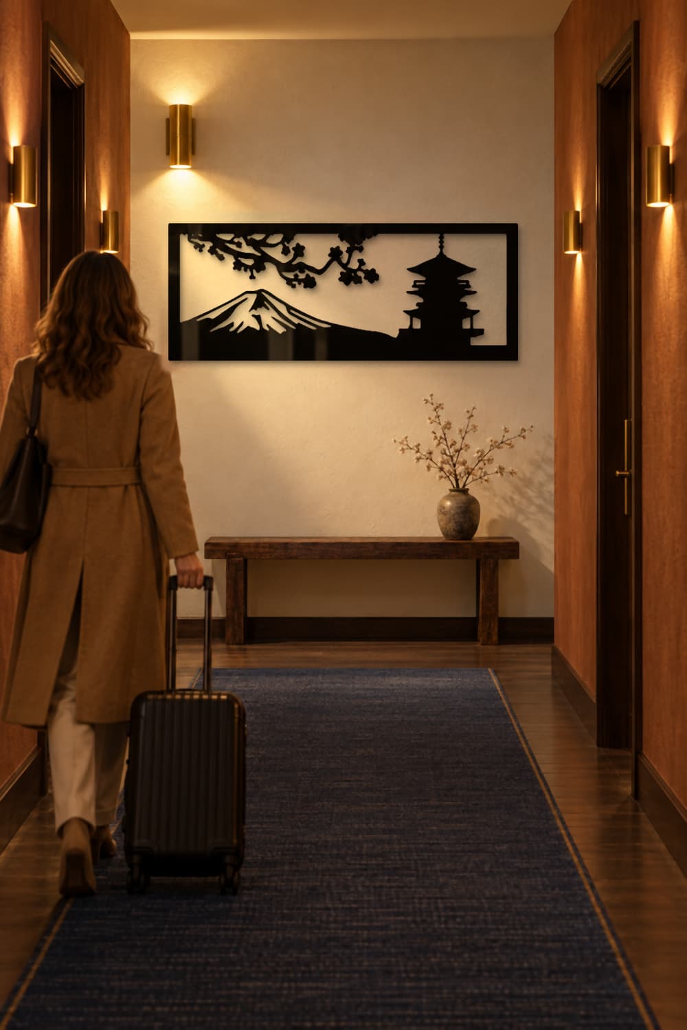 Monte Fuji en el vestíbulo de habitaciones de un hotel con una viajera