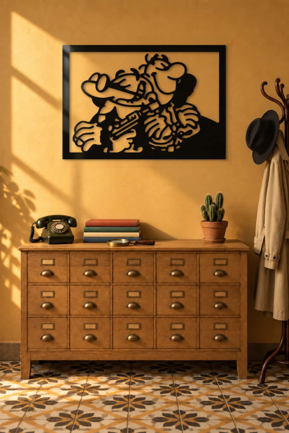 Cuadro Mortadelo y Filemón de metal negro sobre un archivador antiguo en un recibidor retro color ocre