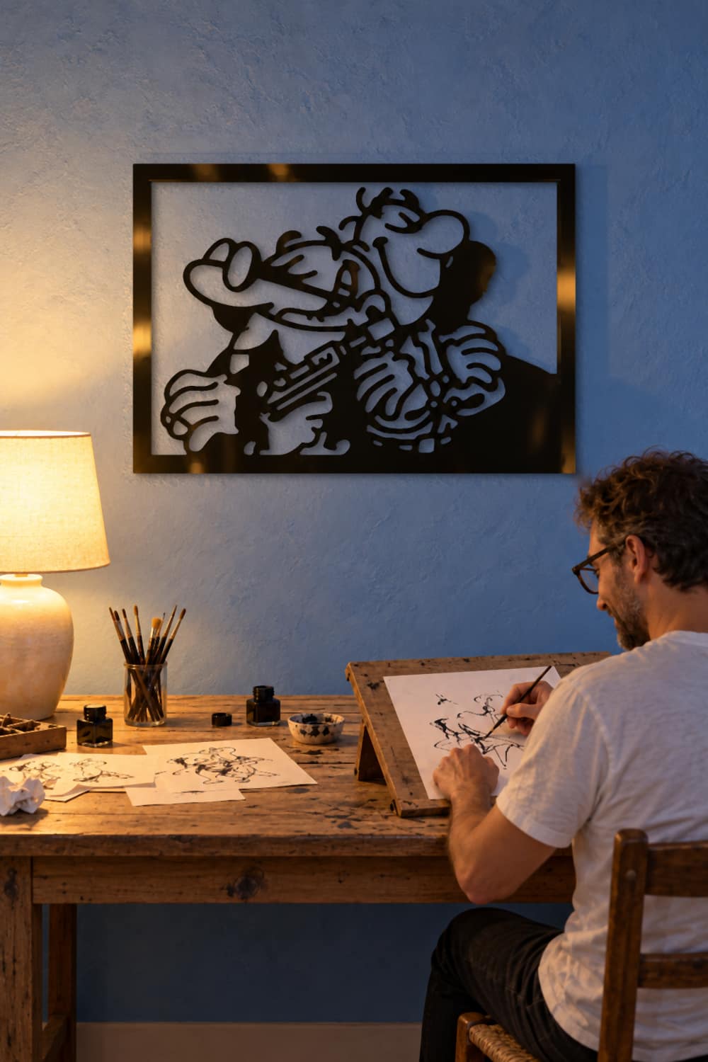 Cuadro Mortadelo y Filemón en el estudio de un dibujante que entinta viñetas al anochecer