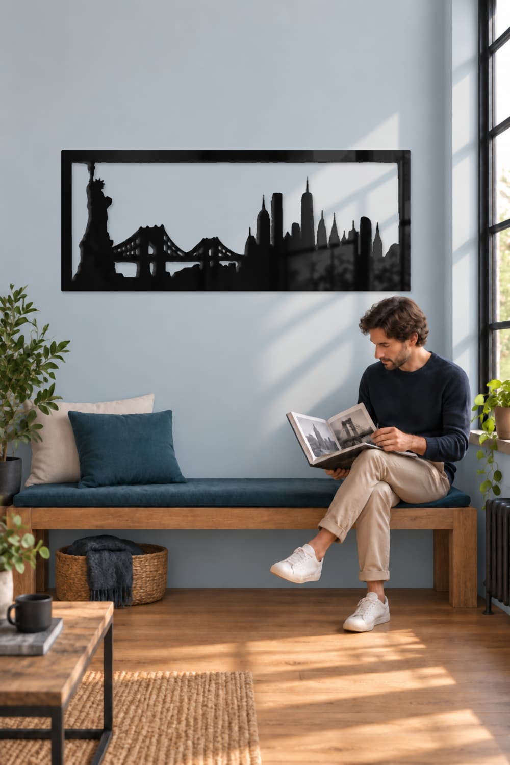 Nueva York, skyline negro junto a un lector de arquitectura ante una pared lisa azul claro