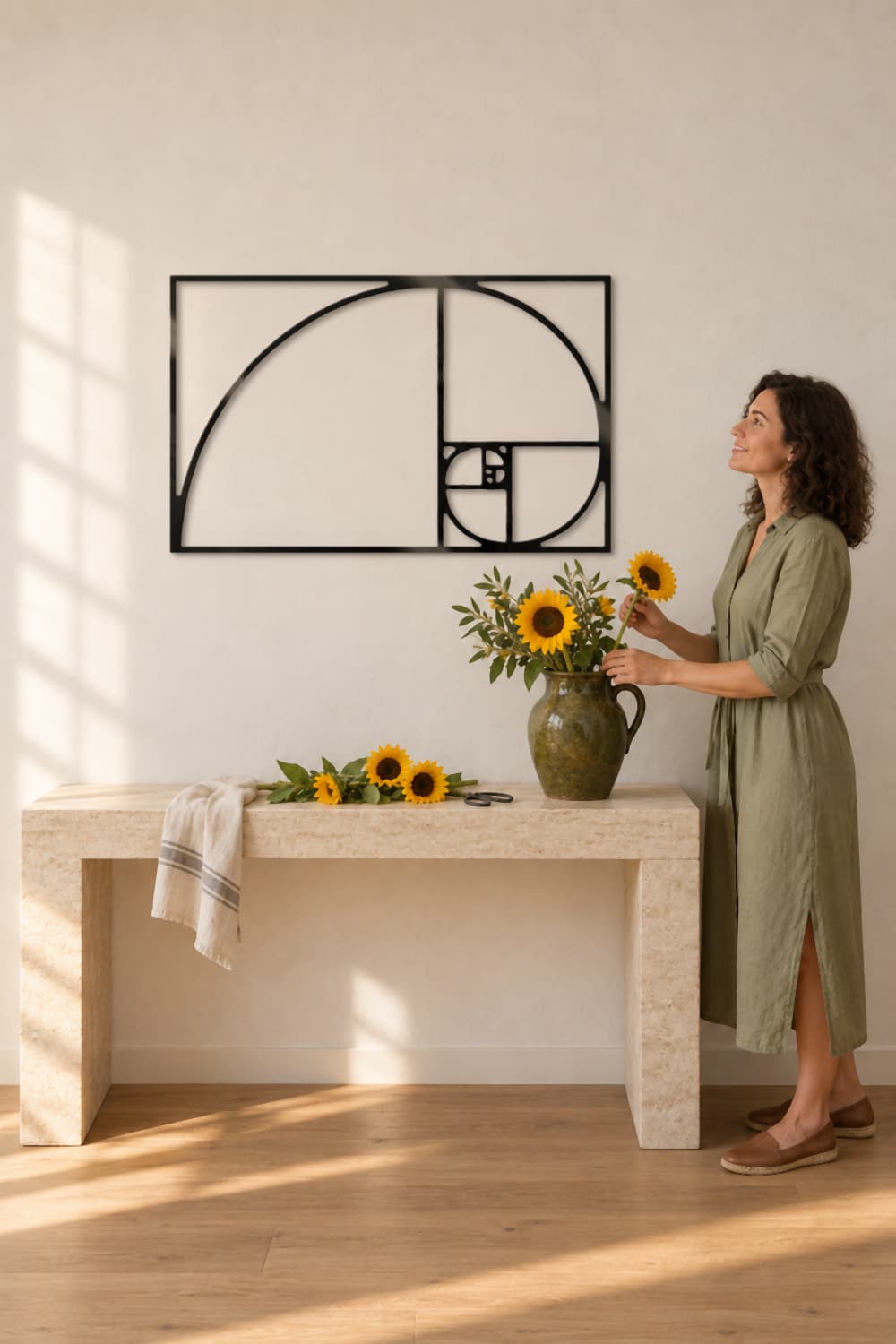 Cuadro Proporción Áurea sobre una consola de travertino mientras una mujer coloca girasoles en una jarra