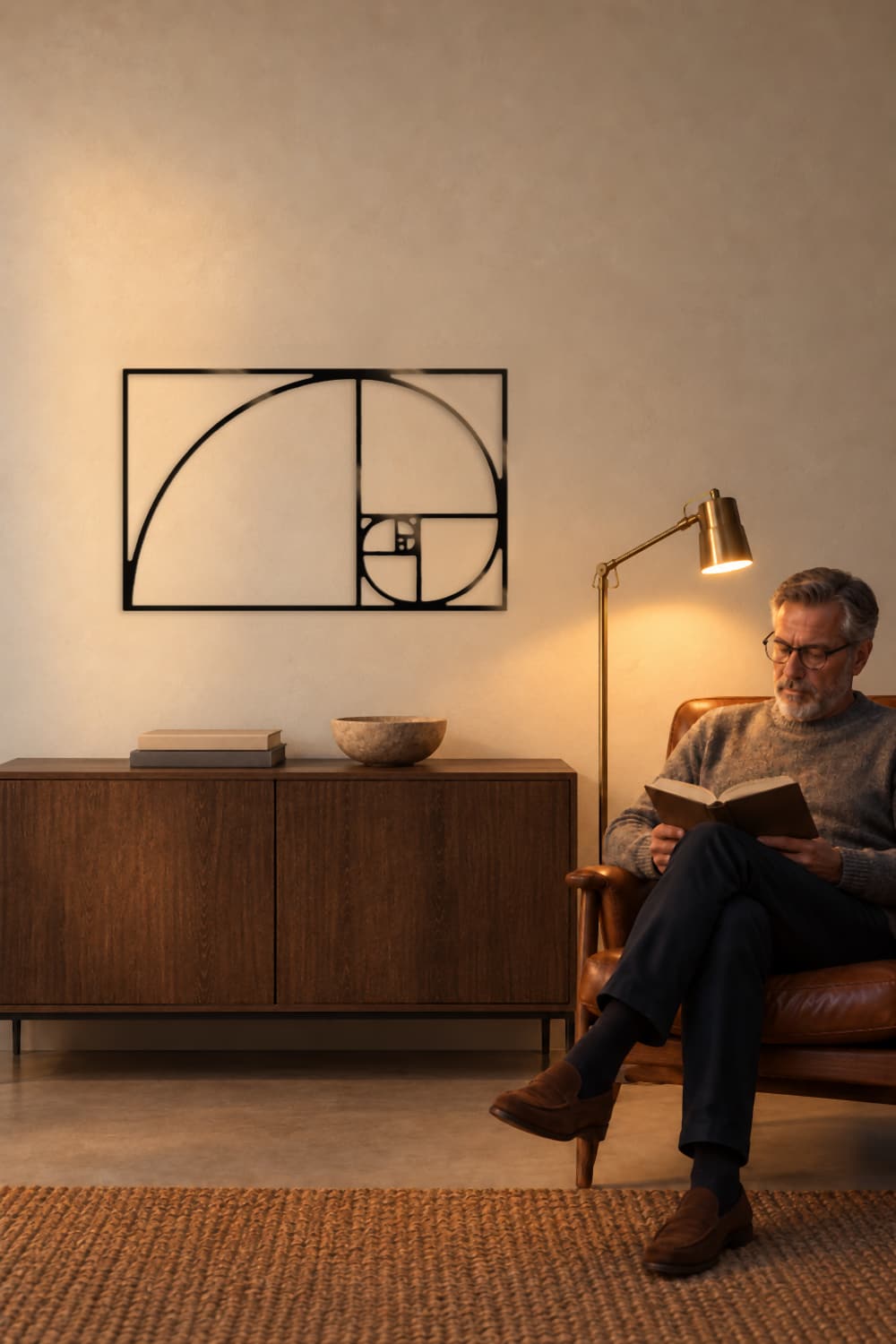 Cuadro de metal Proporción Áurea en un rincón de lectura con sillón de cuero y lámpara de pie