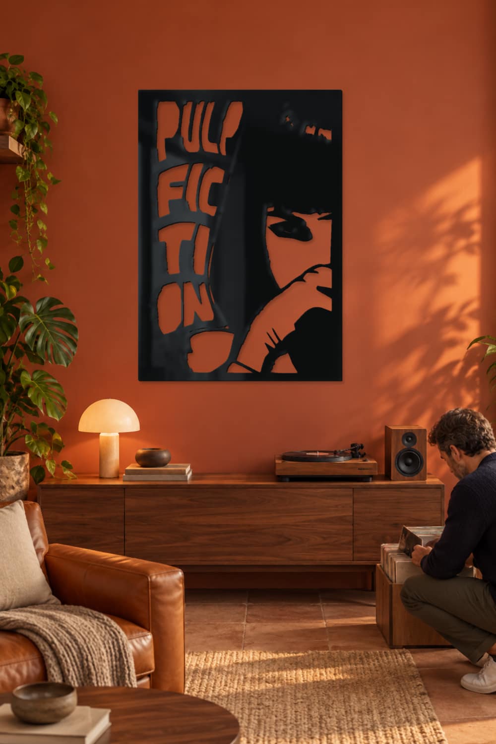Pulp Fiction en una sala terracota de música y vinilos al atardecer