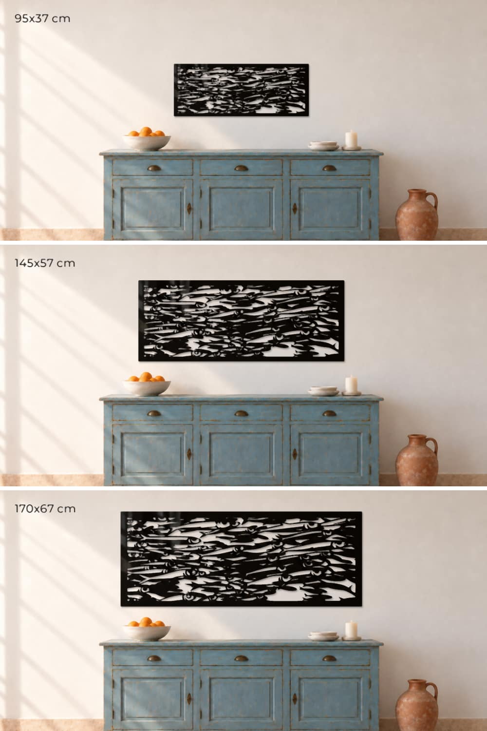 Cuadro Sardinetas en sus tres medidas, 95x37, 145x57 y 170x67 cm, sobre el mismo aparador azul