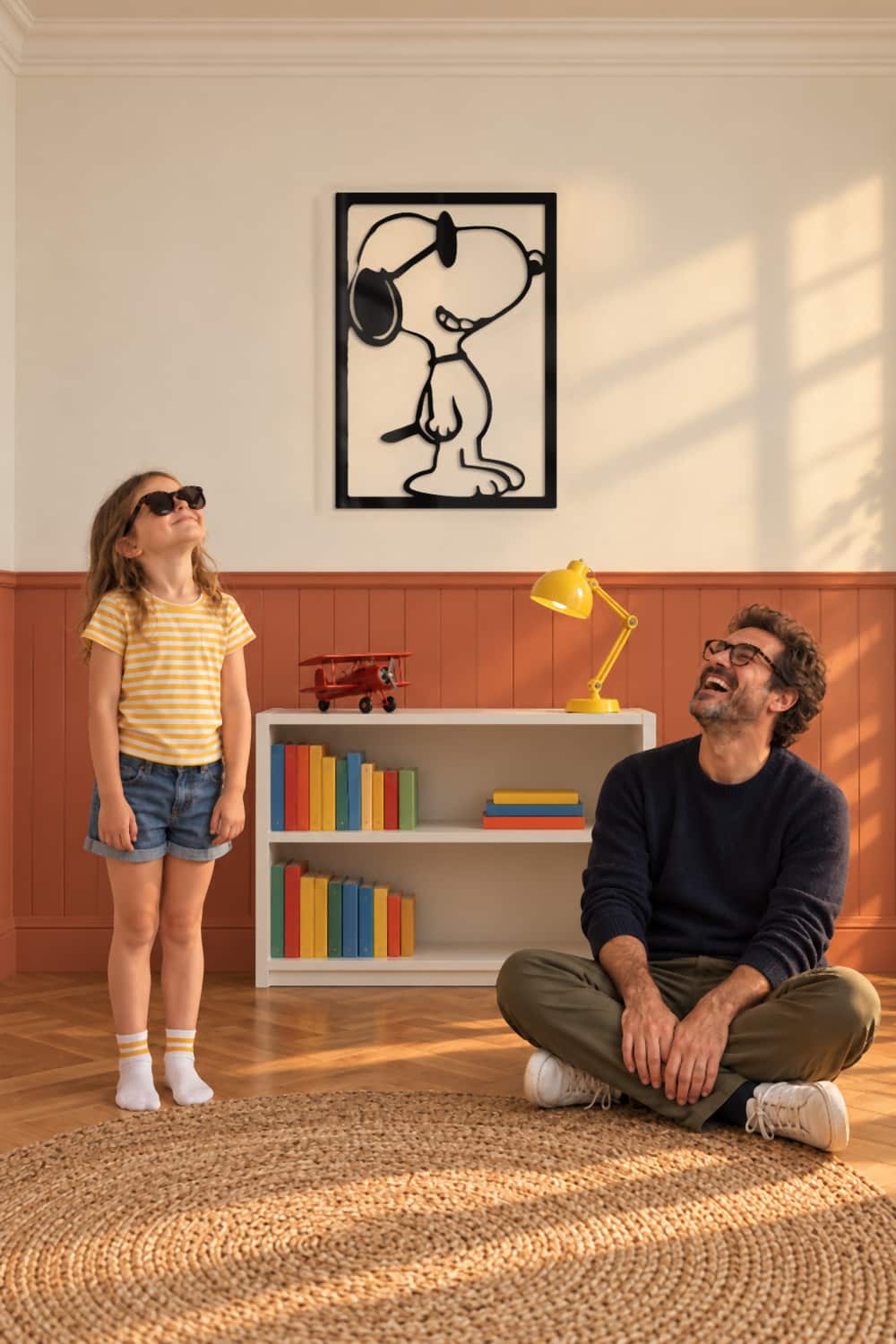 Cuadro de metal Snoopy en un cuarto infantil: una niña con gafas de sol imita a Joe Cool
