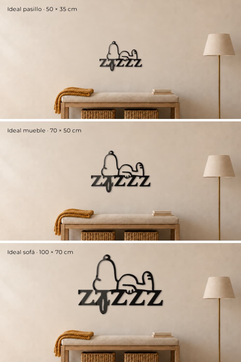 Medidas del cuadro Snoopy Durmiendo: 50×35, 70×50 y 100×70 cm sobre el mismo banco de roble