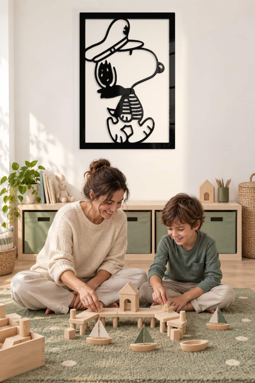 Snoopy Marine en cuarto de juegos con madre e hijo construyendo un puerto de madera