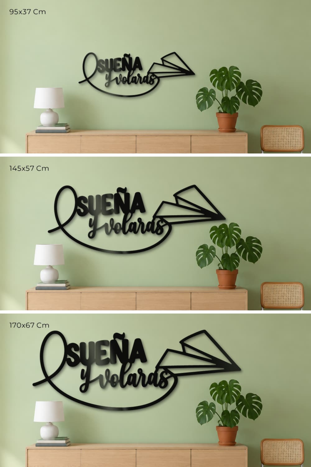 Sueña Y Volarás: comparativa de medidas 95x37, 145x57 y 170x67 Cm en la misma pared.