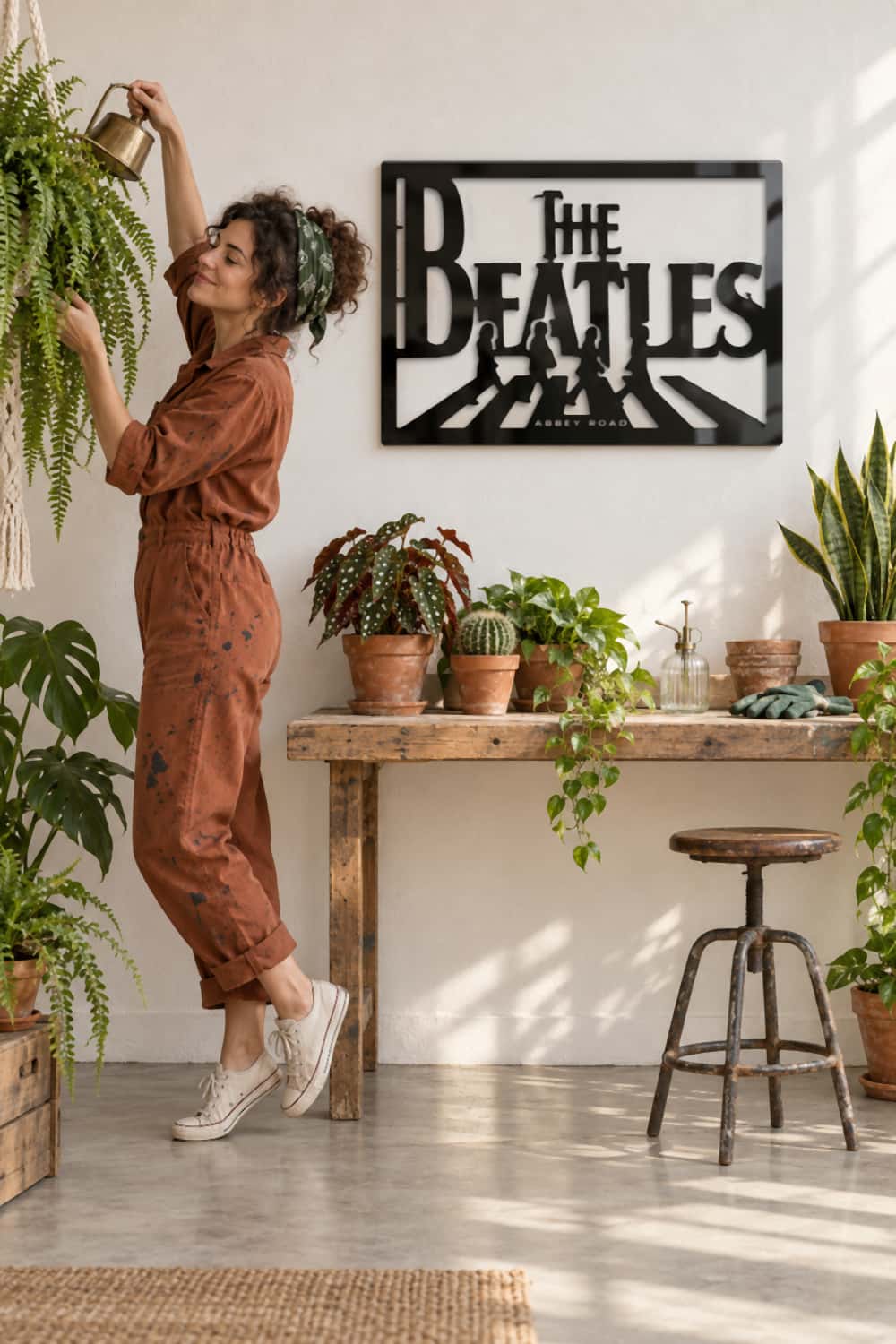 Cuadro The Beatles de metal negro en un taller luminoso lleno de plantas mientras una mujer riega un helecho