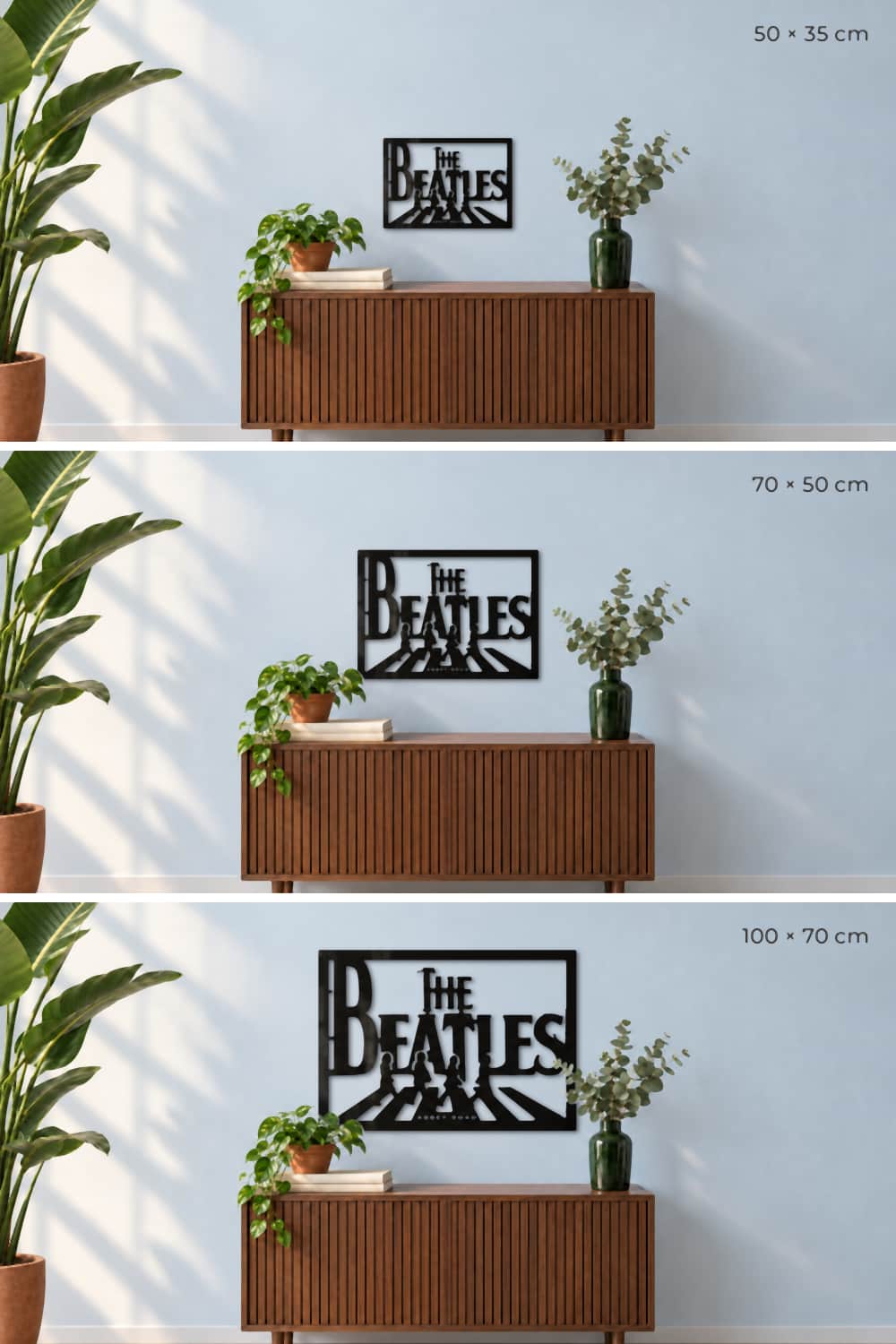 Cuadro The Beatles en sus tres medidas: 50x35, 70x50 y 100x70 cm sobre un aparador de nogal
