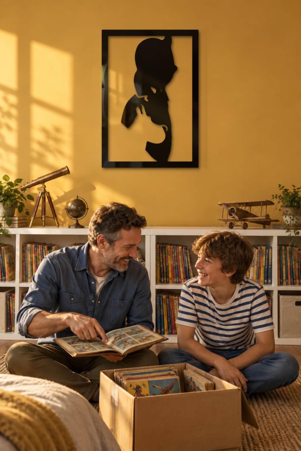 Tin Tin Silueta: padre e hijo compartiendo cómics en una sala de lectura