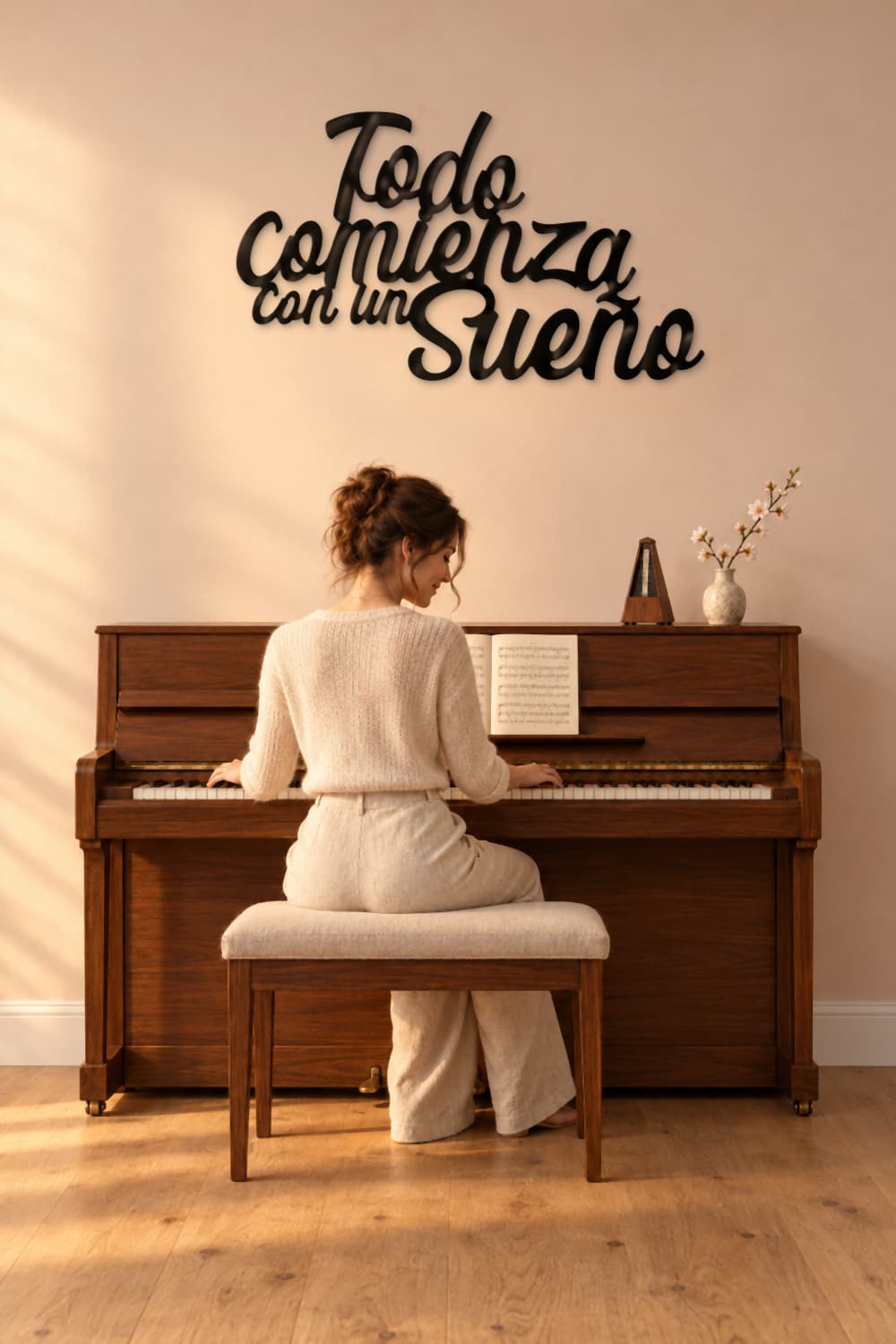 Cuadro Todo Comienza Con Un Sueño sobre un piano de pared con una mujer tocando al atardecer