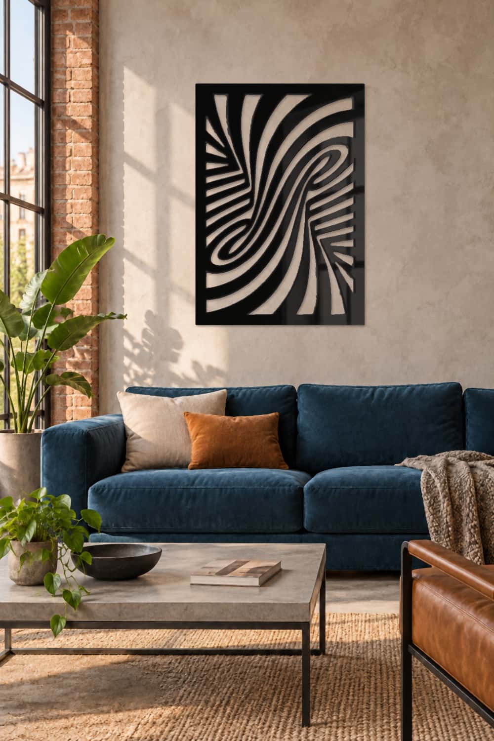 Twist, cuadro de aluminio negro brillante sobre sofá azul en un loft industrial.