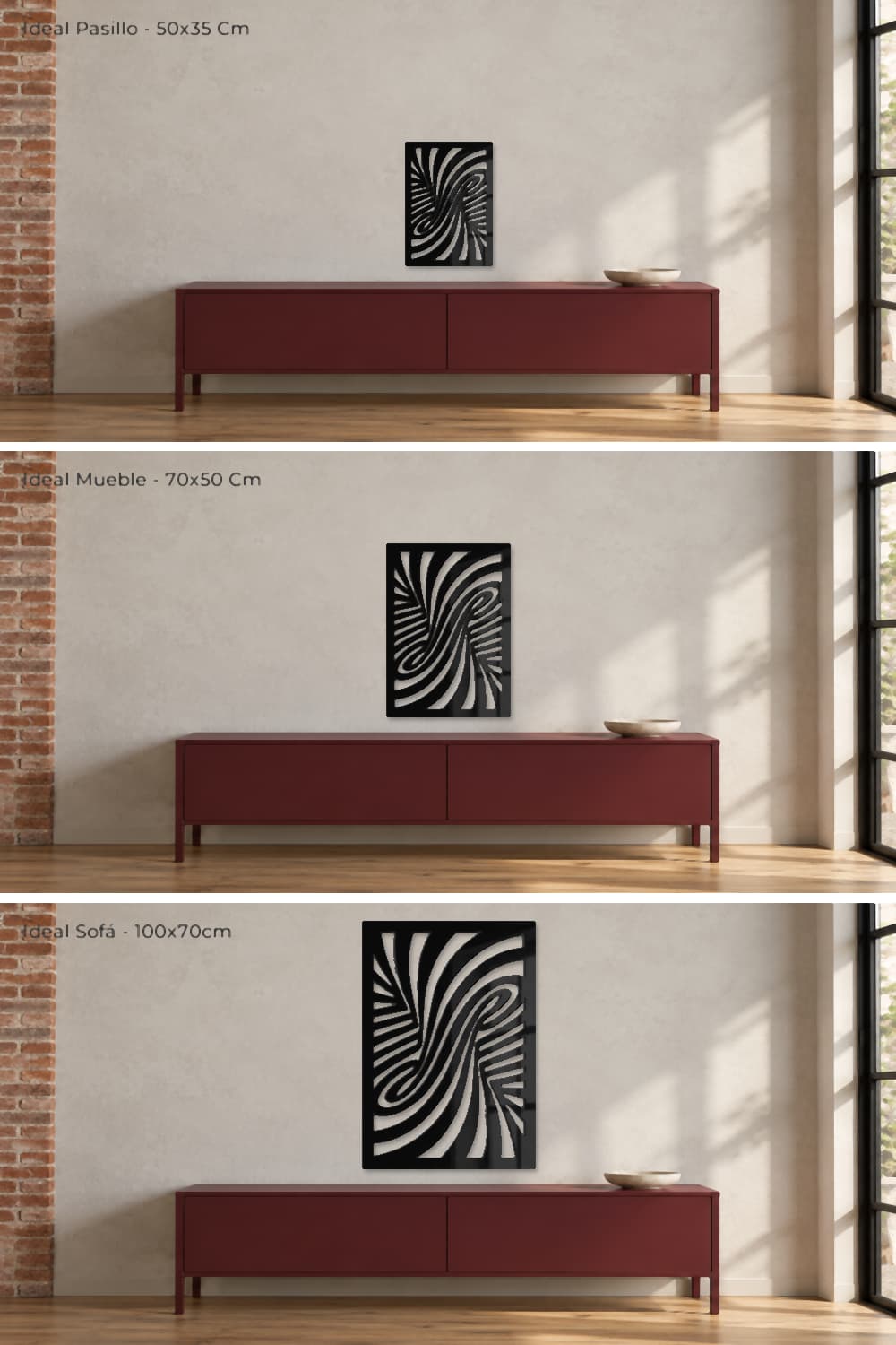 Twist, comparativa de sus tres medidas sobre la misma pared y mueble burdeos.