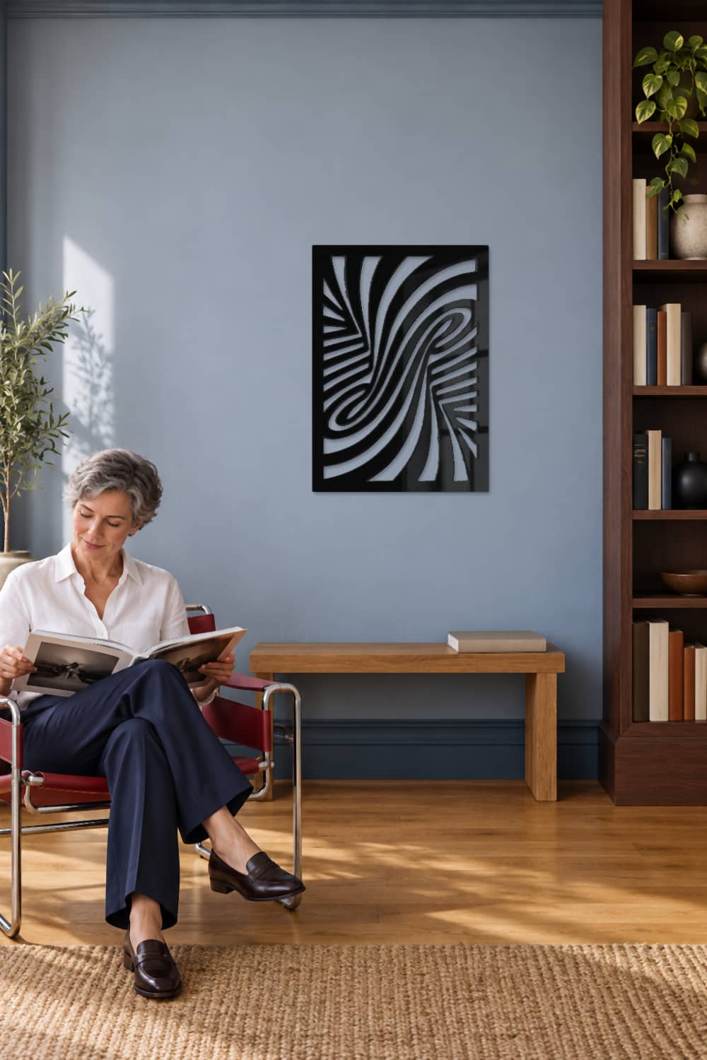 Twist, decoración de pared en una biblioteca azul con una mujer leyendo.