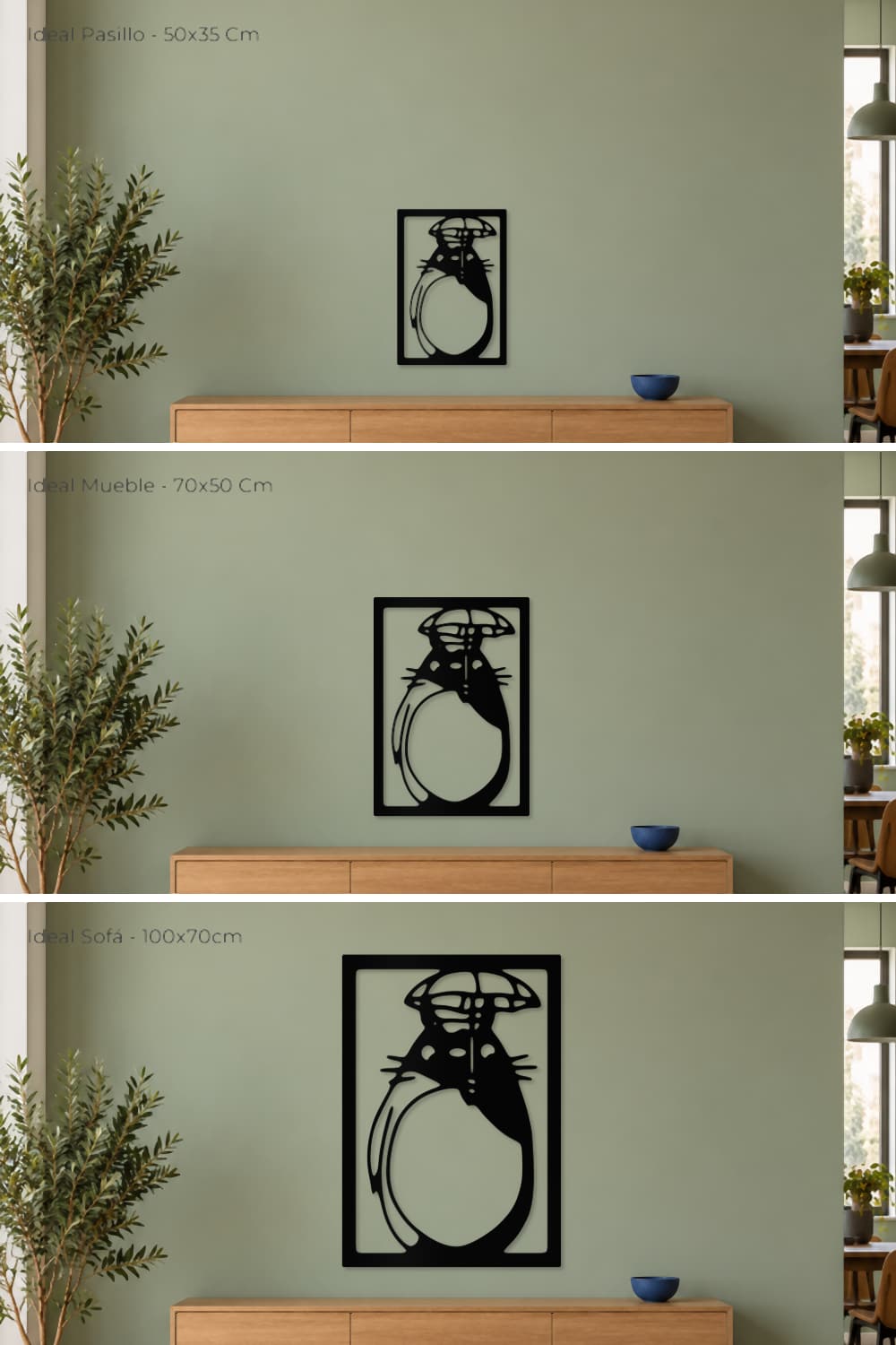 Totoro de metal: comparativa a escala de las tres medidas sobre la misma pared.