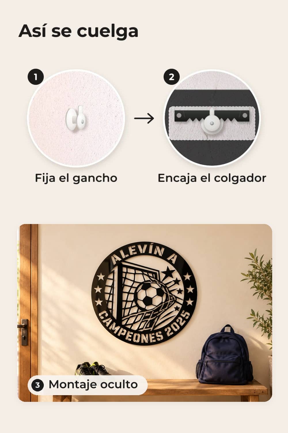 Cómo se cuelga: gancho, colgador y montaje oculto; cuadro redondo de un equipo alevín, campeones 2025