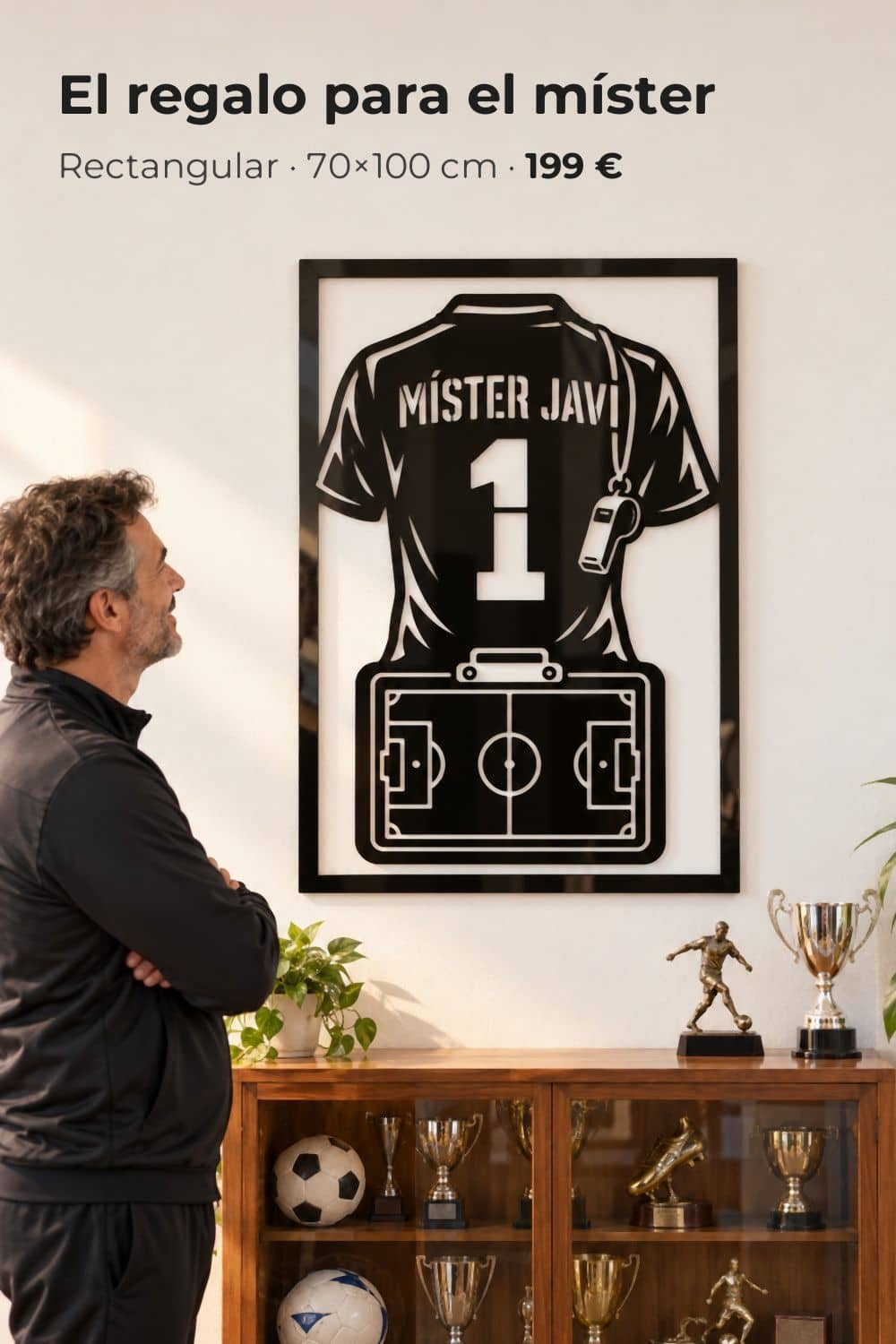 Cuadro personalizado para un entrenador: camiseta con MÍSTER JAVI, el número 1, silbato y pizarra táctica