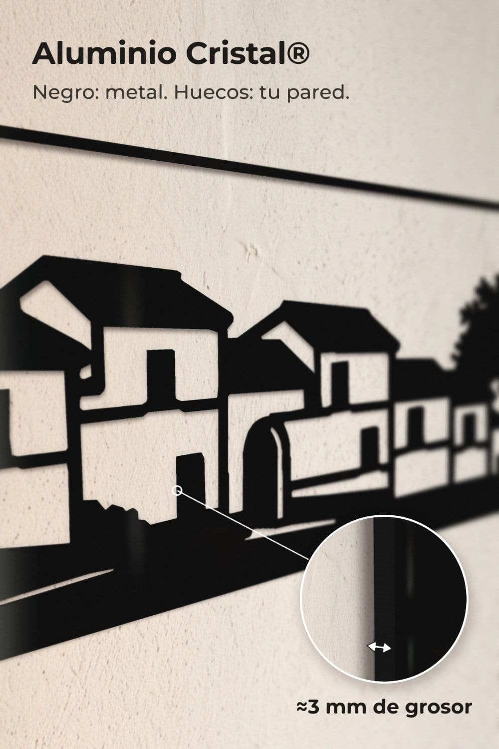 Detalle del canto de 3 mm del Aluminio Cristal® negro brillante en un cuadro de un pueblo