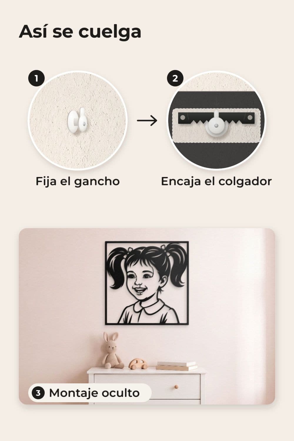 Cómo se cuelga: gancho, colgador y montaje oculto; retrato de una niña en aluminio