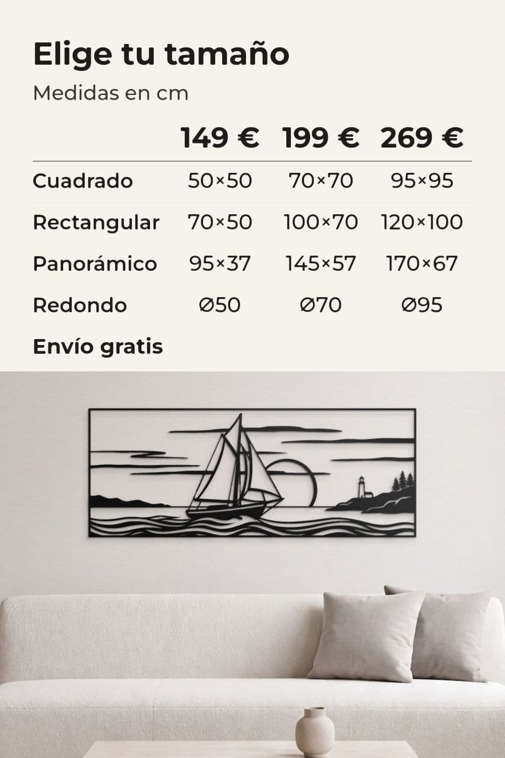 Tamaños y precios del cuadro personalizado: 149 €, 199 € y 269 €; velero panorámico